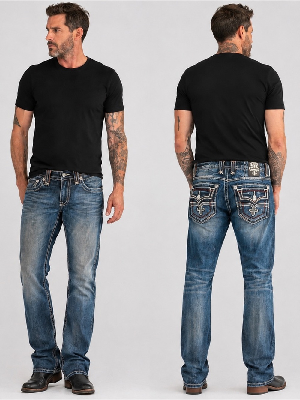 Rock Revival Men’s Straight Cut Jeans Distressed Embroidered Blue Denim W33/L32